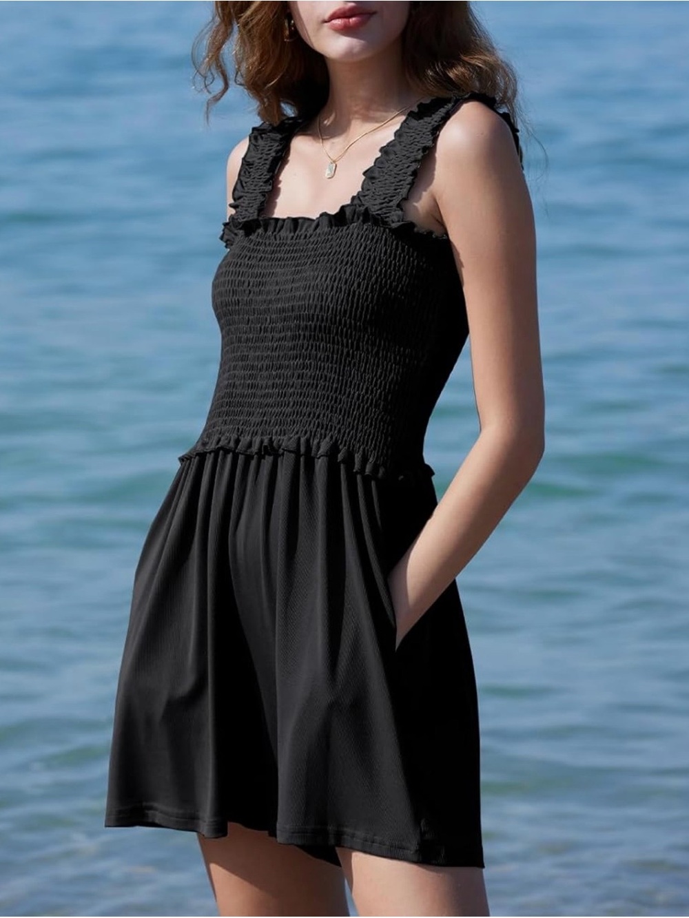 Black Smocked Tank Romper Jumpsuit with Pockets